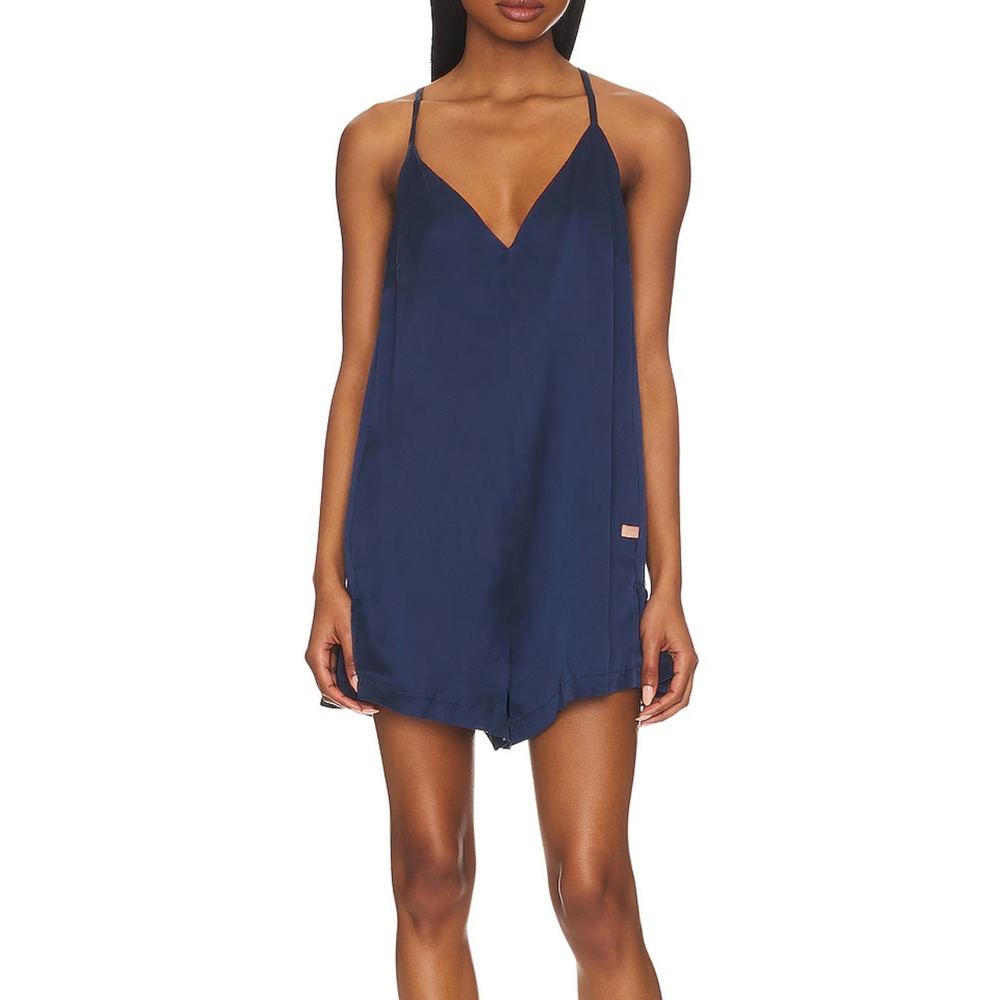 Lunya Washable Silk Pajama Romper Dark Blue Pockets Womens Size Small